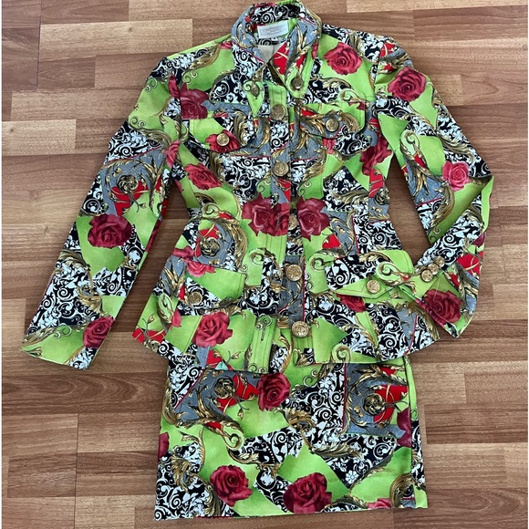 Vintage Jackets & Blazers - Vintage 90s Y2K regal rose floral lime green skirt suit blazer set 4